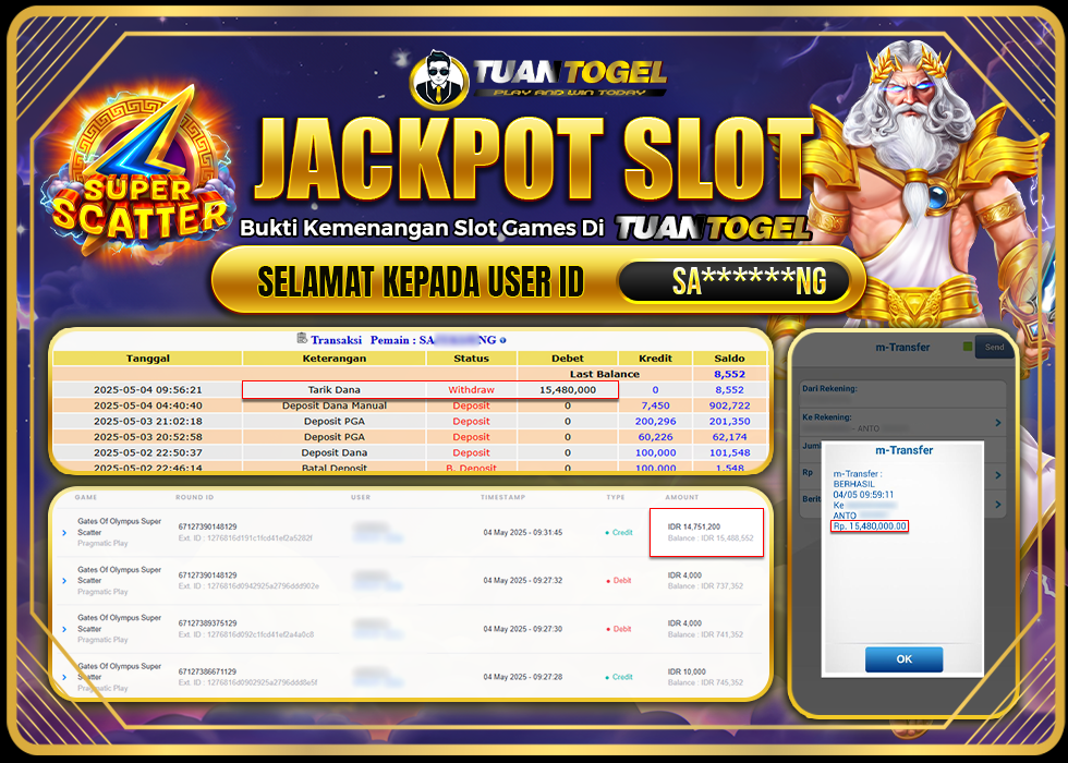 TUANTOGEL JACKPOT SLOT GATES OF OLYMPUS SUPER SCATTER Rp15.480.000 - LUNAS